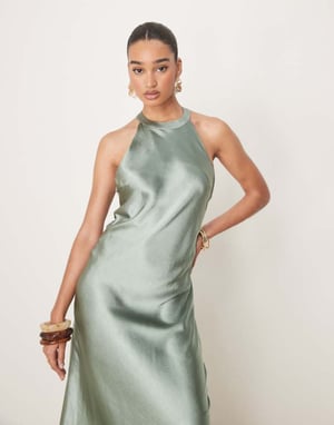 YAS high neck satin maxi dress in soft green