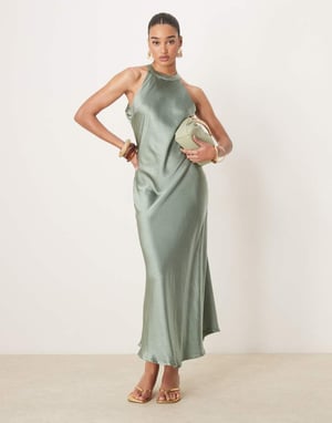 YAS high neck satin maxi dress in soft green
