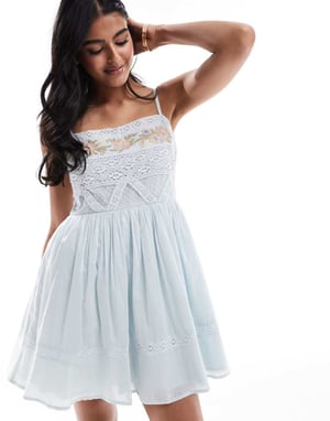 ASOS DESIGN embroidered cami with lace trims mini dress in pale blue