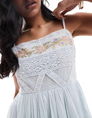 ASOS DESIGN embroidered cami with lace trims mini dress in pale blue