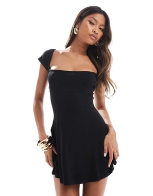 ASOS DESIGN wide scoop neck mini dress with under bust detail and cap sleeve in black
