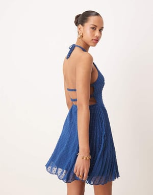 ASOS DESIGN fluffy dobby racer neck pleat panel mini dress in dark blue