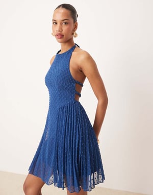 ASOS DESIGN fluffy dobby racer neck pleat panel mini dress in dark blue
