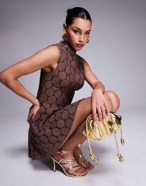 ASOS DESIGN high neck pleated lace mini dress in chocolate