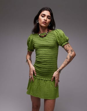 Topshop shirred mini dress with contrast stitch in green