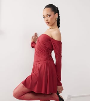 Labelrail x Jennifer McKing slinky ruffle off-shoulder mini dress in burgundy