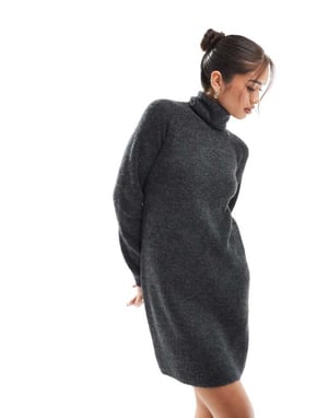 Pieces roll neck mini jumper dress in dark grey