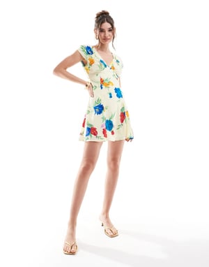 ASOS DESIGN V neck ruched bust detail mini tea dress in floral print