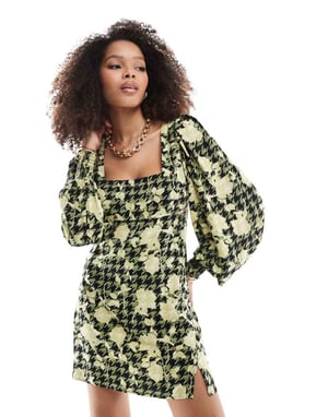 ASOS DESIGN square neck blouson sleeve mini dress in green and yellow floral print