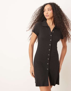 ASOS DESIGN collared mini column tea dress with button front and cap sleeve in black - BLACK