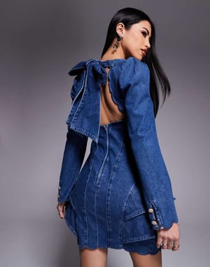 ASOS LUXE denim structured mini dress with scallop detail and back bow in blue