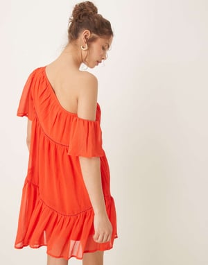 ASOS DESIGN one shoulder chiffon smock mini dress with ladder trims in red