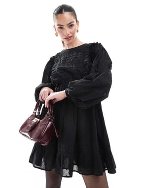 Miss Selfridge long sleeve pintuck trim insert mini dress in black