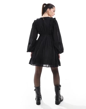 Miss Selfridge long sleeve pintuck trim insert mini dress in black