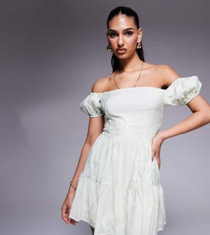 Kaiia exclusive cotton rich embroidered bardot puff sleeve tiered mini dress in sage