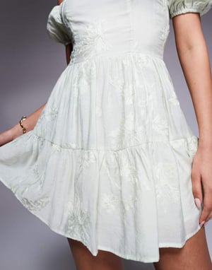 Kaiia exclusive cotton rich embroidered bardot puff sleeve tiered mini dress in sage