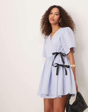 Ghospell contrast bow wrap mini dress in cornflower blue