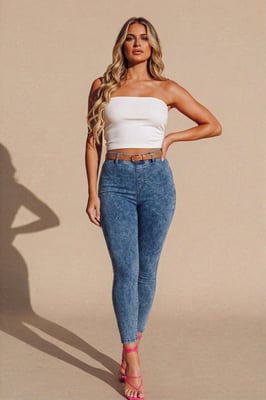 Mid Blue Acid Wash High Waisted Skinny Fit Jeggings- Tojyo