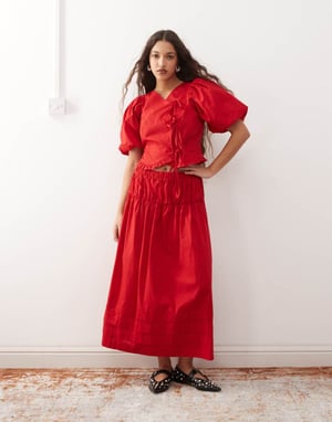 Reclaimed Vintage western cowgirl midi skirt co-ord with pintucks in red cotton