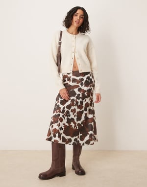 YAS satin midi skirt in brown cow print