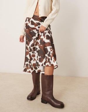 YAS satin midi skirt in brown cow print