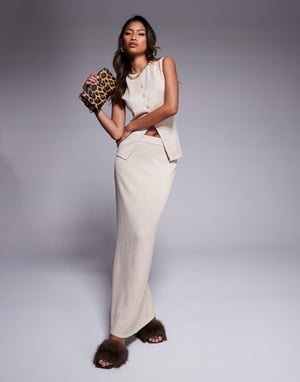 Kaiia exclusive fine knit column maxi skirt co-ord in oatmeal