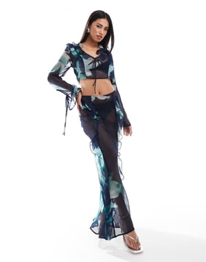 ASOS DESIGN chiffon maxi skirt co-ord in blue abstract floral print