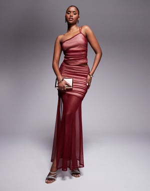 ASOS DESIGN co-ord mesh ruched maxi skirt with split detail in deep red