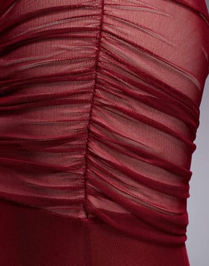 ASOS DESIGN co-ord mesh ruched maxi skirt with split detail in deep red