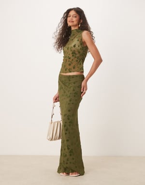 ASOS DESIGN flocked mesh low rise co ord maxi skirt in olive