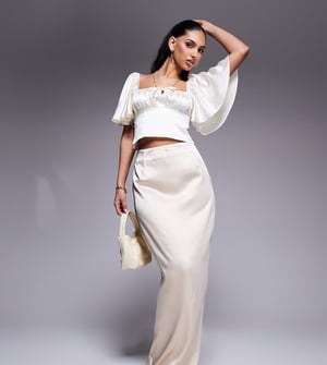 Kaiia exclusive satin bodycon bow trim detail maxi skirt in cream