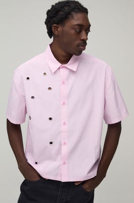 Oversized Boxy Eyelet Detail Short Sleeve Stripe Shirt
