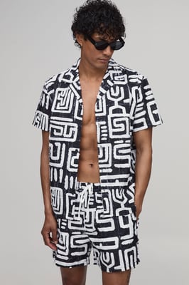 Textured Geometric Printed Regular Shirt & Relaxed Short Set