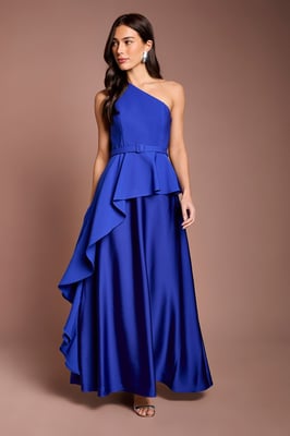 One Shoulder Ruffle Detail Satin Maxi Dress