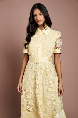 Petite Satin Trim Lace Shirt Midi Dress