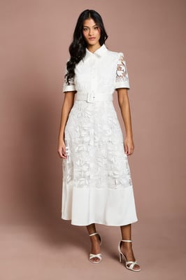 Petite Satin Trim Lace Shirt Midi Dress