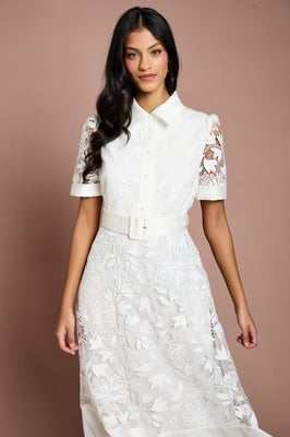 Petite Satin Trim Lace Shirt Midi Dress