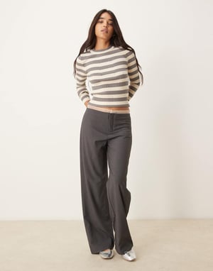 Pieces chunky ribbed knit long sleeve top in bold grey stripe