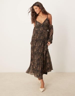 ASOS DESIGN plunge bardot pleated midaxi dress in animal print