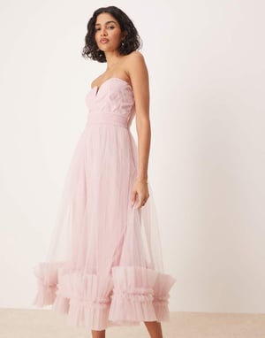 Lace & Beads corset tulle ruffle hem midaxi dress in powder pink