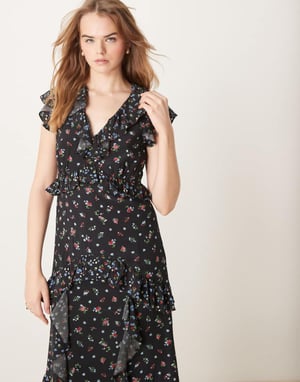 Nobody's Child Suvi ruffle midaxi dress in black ditsy