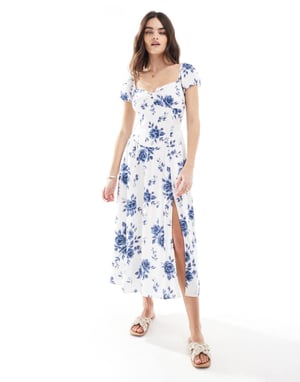 Hollister off shoulder sweetheart midaxi dress with high thigh split in blue florals