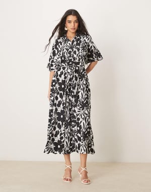 YAS belted button front fluted sleeve dress in monochrome floral print