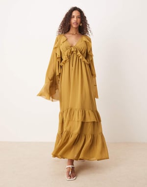 ASOS DESIGN long sleeved v neck midaxi dress with tie details in olive
