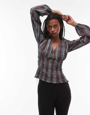 Topshop shirred top in blue & yellow check