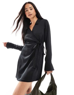 Miss Selfridge collared wrap shirt dress in black