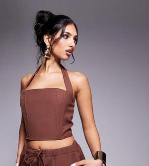 Kaiia exclusive lace up back halterneck top co-ord in chocolate
