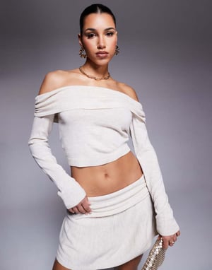 Missyempire fine knit fold over bardot top co-ord in beige