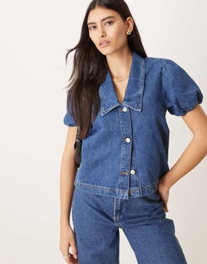 ASOS DESIGN collared shirt with puff sleeves in mid blue