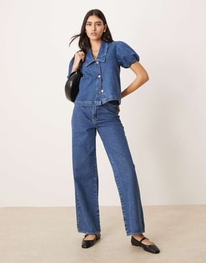 ASOS DESIGN collared shirt with puff sleeves in mid blue